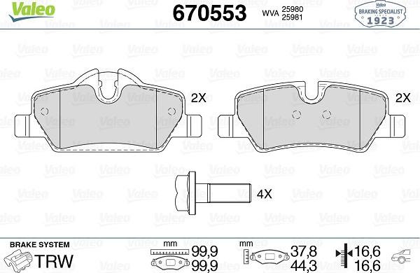 Valeo 670553 - Kit pastiglie freno, Freno a disco autozon.pro