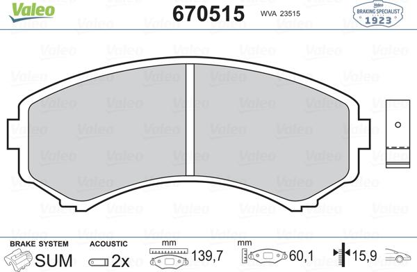 Valeo 670515 - Kit pastiglie freno, Freno a disco autozon.pro