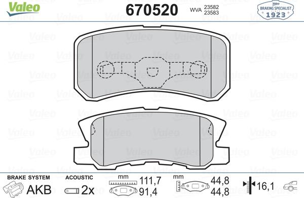 Valeo 670520 - Kit pastiglie freno, Freno a disco autozon.pro