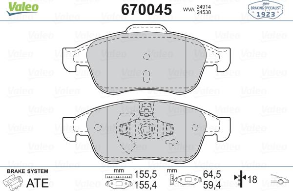 Valeo 670045 - Kit pastiglie freno, Freno a disco autozon.pro