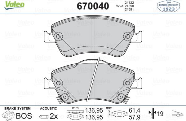 Valeo 670040 - Kit pastiglie freno, Freno a disco autozon.pro