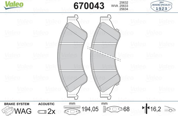 Valeo 670043 - Kit pastiglie freno, Freno a disco autozon.pro