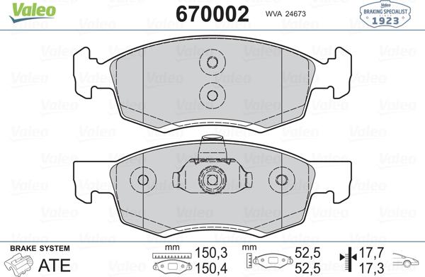 Valeo 670002 - Kit pastiglie freno, Freno a disco autozon.pro