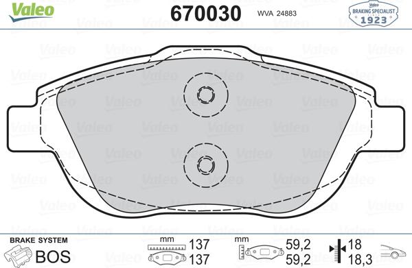 Valeo 670030 - Kit pastiglie freno, Freno a disco autozon.pro