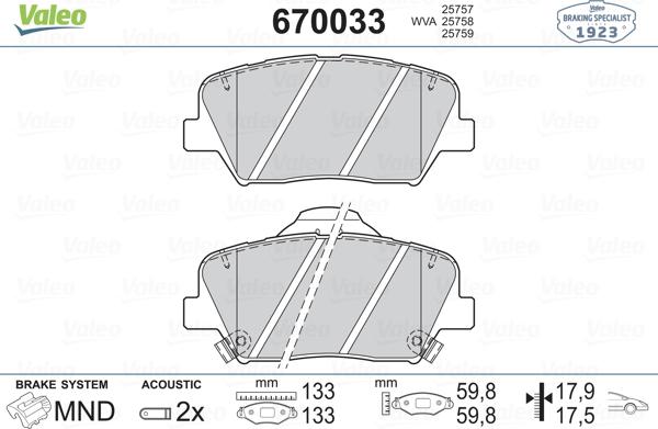 Valeo 670033 - Kit pastiglie freno, Freno a disco autozon.pro