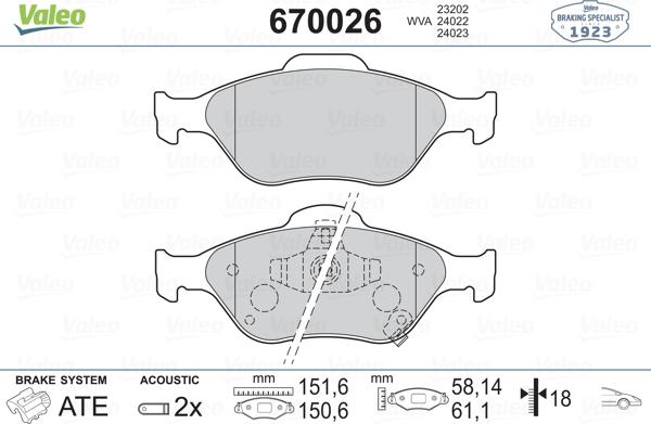 Valeo 670026 - Kit pastiglie freno, Freno a disco autozon.pro