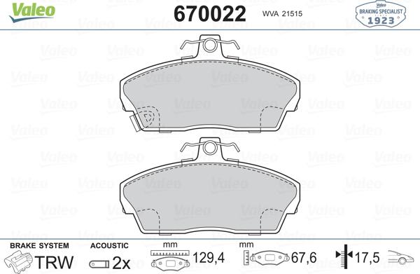 Valeo 670022 - Kit pastiglie freno, Freno a disco autozon.pro