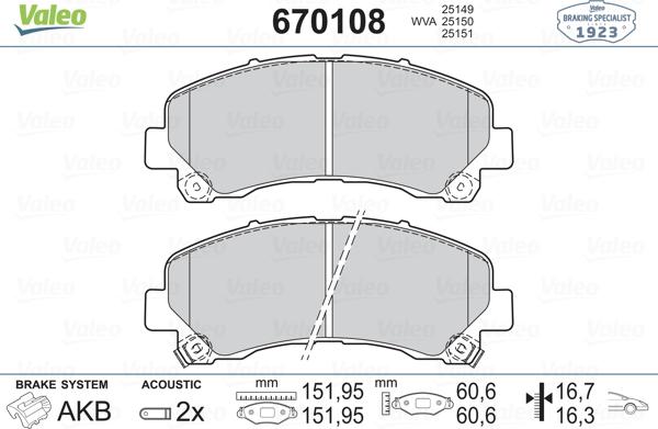 Valeo 670108 - Kit pastiglie freno, Freno a disco autozon.pro