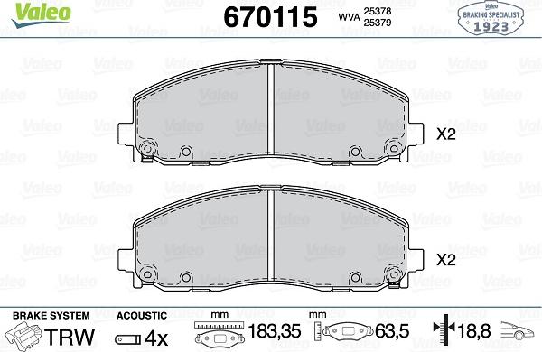 Valeo 670115 - Kit pastiglie freno, Freno a disco autozon.pro