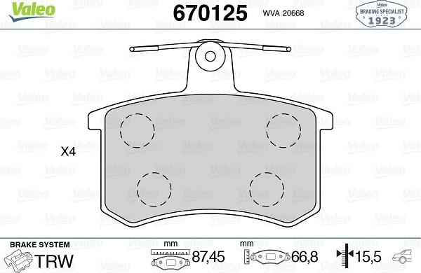 Valeo 670125 - Kit pastiglie freno, Freno a disco autozon.pro