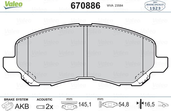 Valeo 670886 - Kit pastiglie freno, Freno a disco autozon.pro