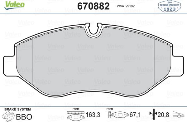 Valeo 670882 - Kit pastiglie freno, Freno a disco autozon.pro