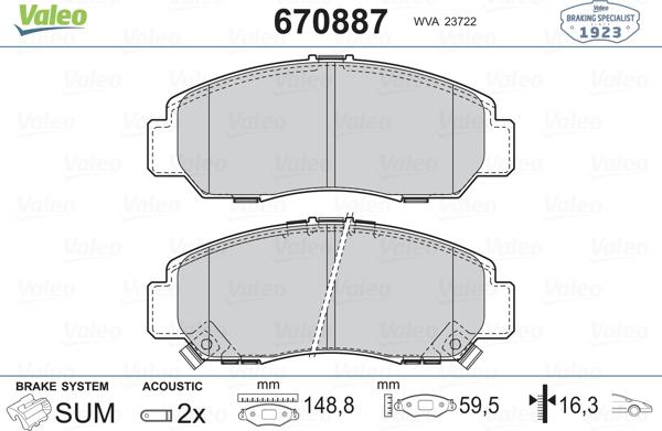 Valeo 670887 - Kit pastiglie freno, Freno a disco autozon.pro