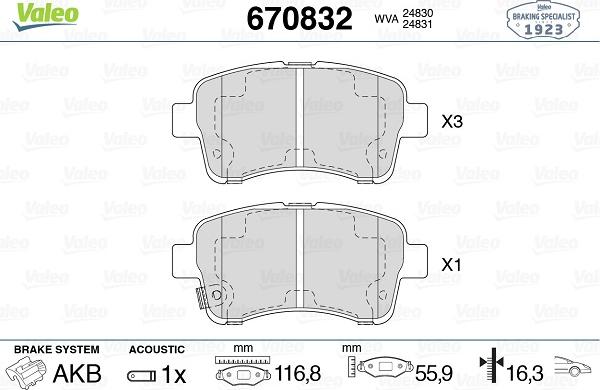 Valeo 670832 - Kit pastiglie freno, Freno a disco autozon.pro