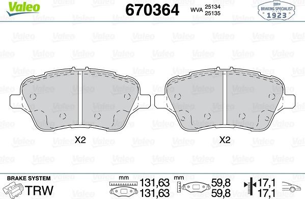 Valeo 670364 - Kit pastiglie freno, Freno a disco autozon.pro