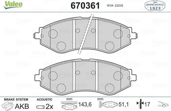 Valeo 670361 - Kit pastiglie freno, Freno a disco autozon.pro