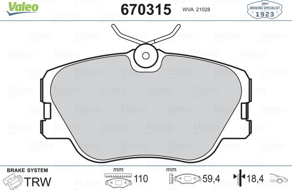 Valeo 670315 - Kit pastiglie freno, Freno a disco autozon.pro