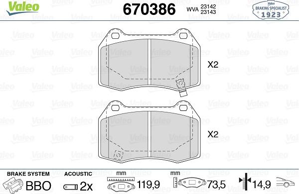 Valeo 670386 - Kit pastiglie freno, Freno a disco autozon.pro