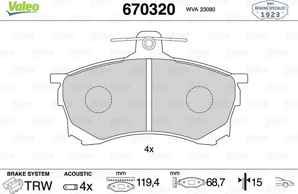 Valeo 670320 - Kit pastiglie freno, Freno a disco autozon.pro