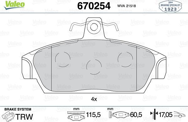 Valeo 670254 - Kit pastiglie freno, Freno a disco autozon.pro