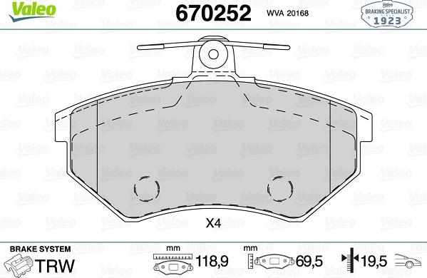 Valeo 670252 - Kit pastiglie freno, Freno a disco autozon.pro