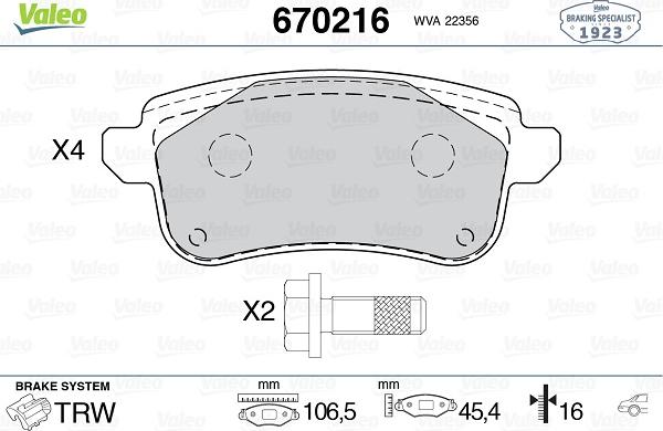 Valeo 670216 - Kit pastiglie freno, Freno a disco autozon.pro