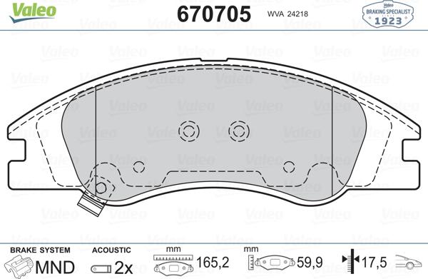 Valeo 670705 - Kit pastiglie freno, Freno a disco autozon.pro