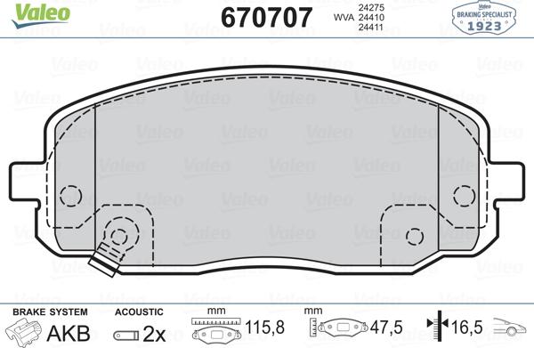 Valeo 670707 - Kit pastiglie freno, Freno a disco autozon.pro