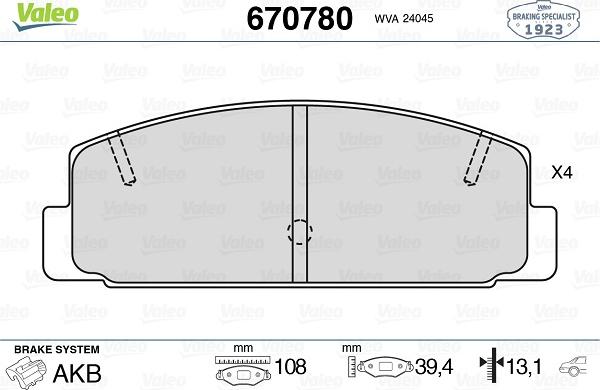 Valeo 670780 - Kit pastiglie freno, Freno a disco autozon.pro