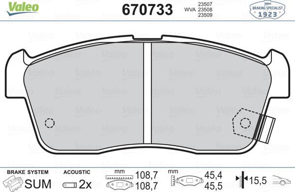 Valeo 670733 - Kit pastiglie freno, Freno a disco autozon.pro