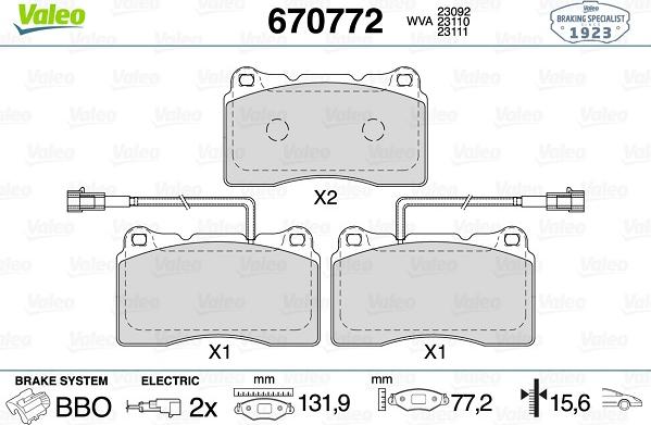 Valeo 670772 - Kit pastiglie freno, Freno a disco autozon.pro