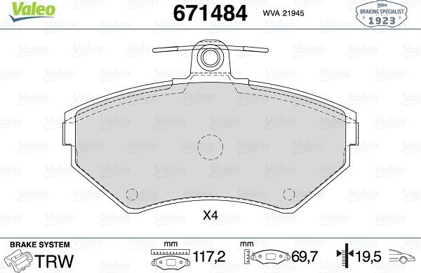 Valeo 671484 - Kit pastiglie freno, Freno a disco autozon.pro