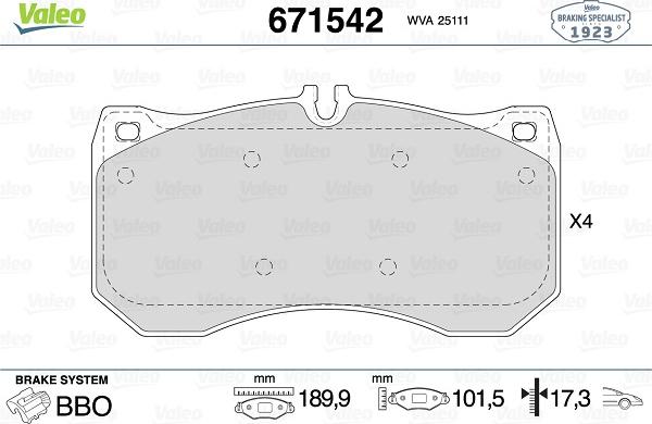 Valeo 671542 - Kit pastiglie freno, Freno a disco autozon.pro