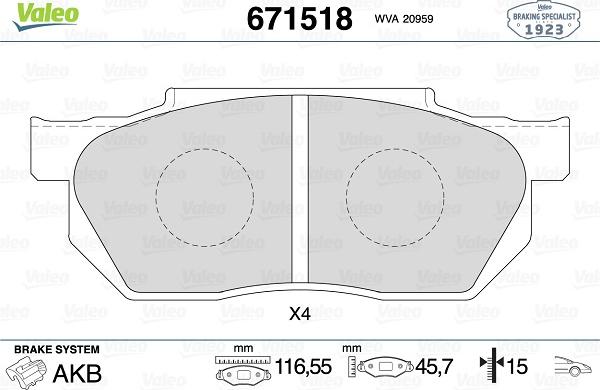 Valeo 671518 - Kit pastiglie freno, Freno a disco autozon.pro