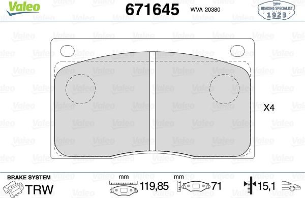 Valeo 671645 - Kit pastiglie freno, Freno a disco autozon.pro