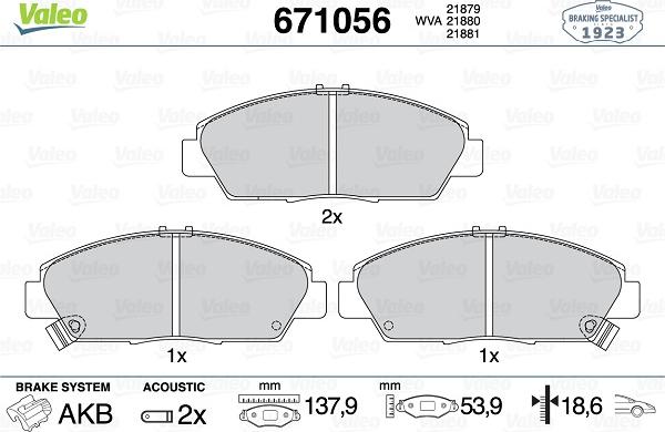 Valeo 671056 - Kit pastiglie freno, Freno a disco autozon.pro