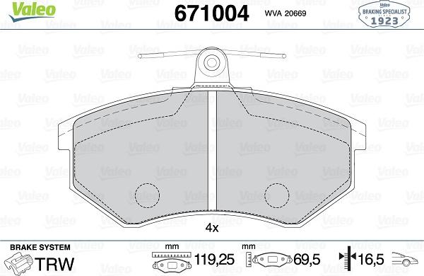 Valeo 671004 - Kit pastiglie freno, Freno a disco autozon.pro