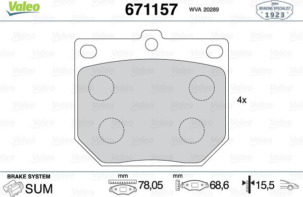 Valeo 671157 - Kit pastiglie freno, Freno a disco autozon.pro