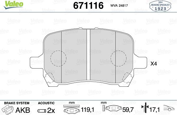 Valeo 671116 - Kit pastiglie freno, Freno a disco autozon.pro