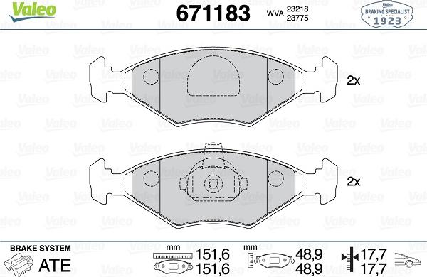 Valeo 671183 - Kit pastiglie freno, Freno a disco autozon.pro