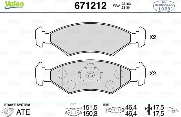 Valeo 671212 - Kit pastiglie freno, Freno a disco autozon.pro