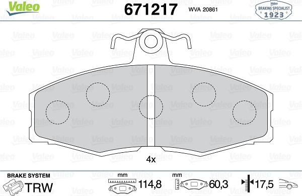 Valeo 671217 - Kit pastiglie freno, Freno a disco autozon.pro