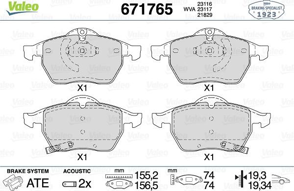 Valeo 671765 - Kit pastiglie freno, Freno a disco autozon.pro