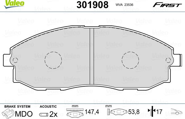 Valeo 301908 - Kit pastiglie freno, Freno a disco autozon.pro