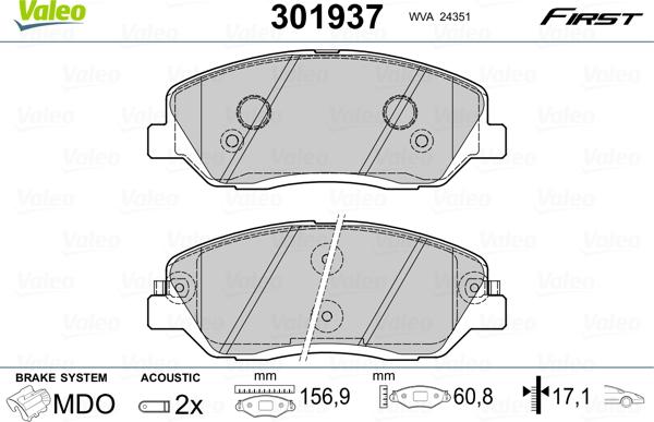 Valeo 301937 - Kit pastiglie freno, Freno a disco autozon.pro