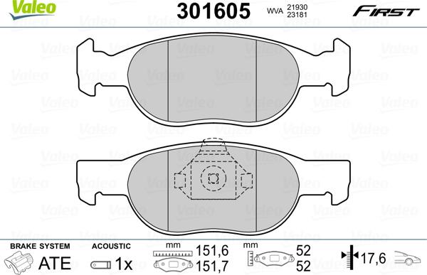 Valeo 301605 - Kit pastiglie freno, Freno a disco autozon.pro