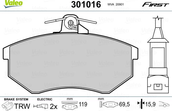 Valeo 301016 - Kit pastiglie freno, Freno a disco autozon.pro