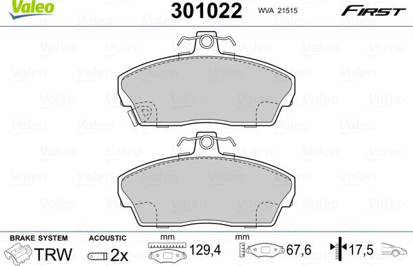 Valeo 301022 - Kit pastiglie freno, Freno a disco autozon.pro