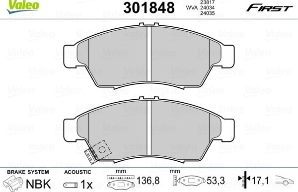 Valeo 301848 - Kit pastiglie freno, Freno a disco autozon.pro