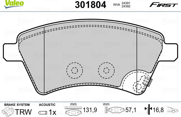 Valeo 301804 - Kit pastiglie freno, Freno a disco autozon.pro